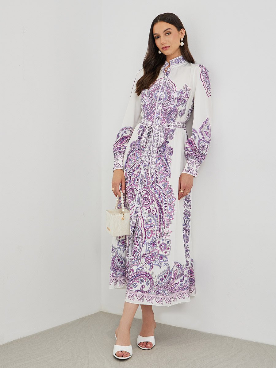 Floral Print Long Sleeve Tie Belt Maxi Dress