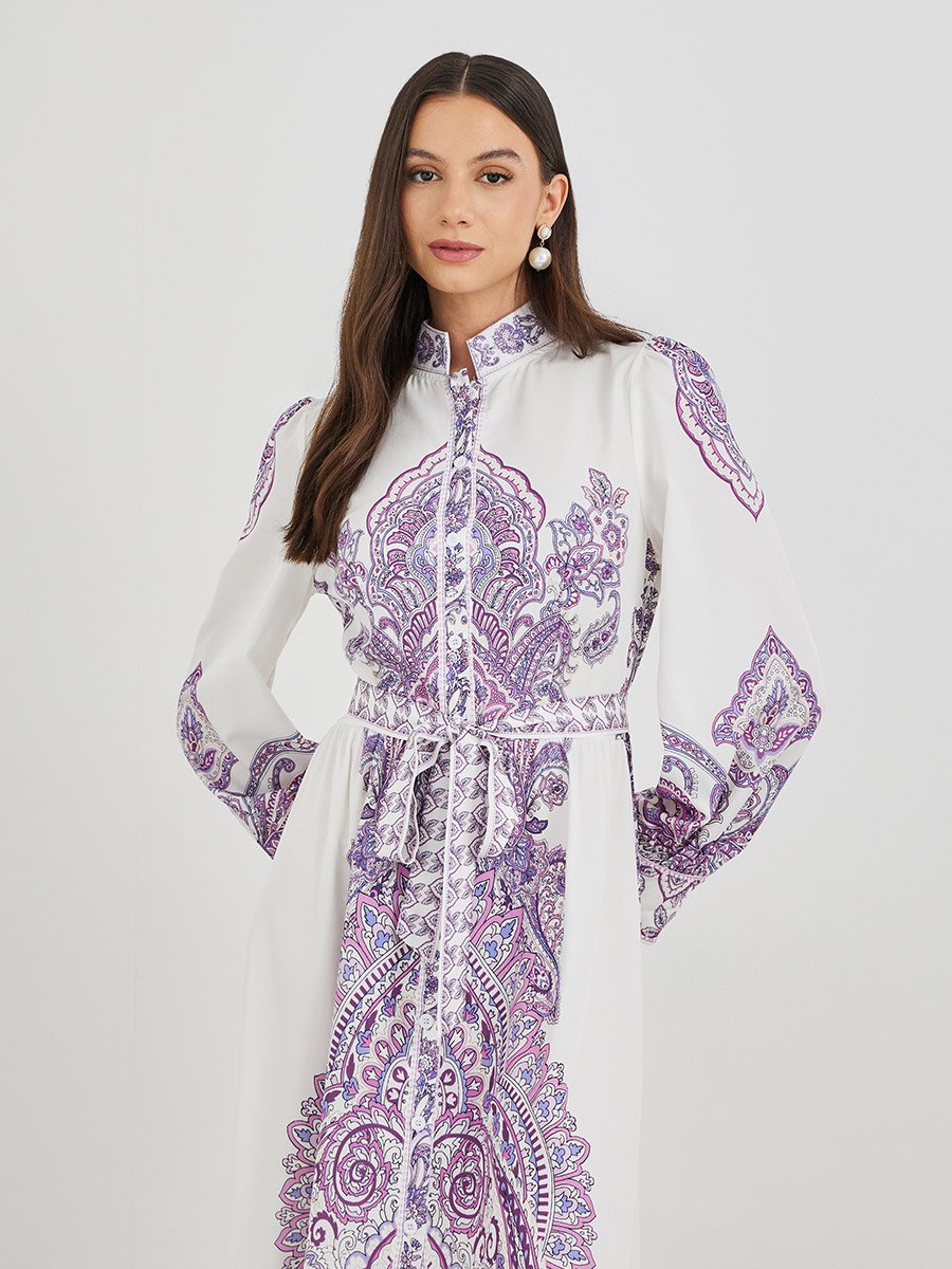 Floral Print Long Sleeve Tie Belt Maxi Dress