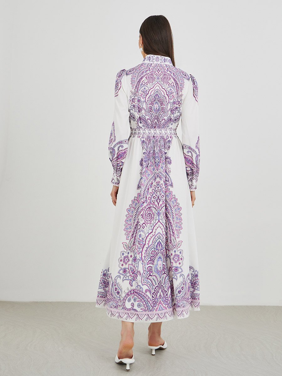 Floral Print Long Sleeve Tie Belt Maxi Dress
