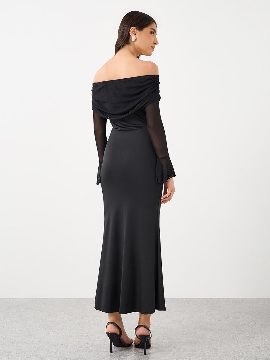 Off-Shoulder Mermaid Hem Bodycon Maxi Dress For Women at Saudi | Styli Off-Shoulder Mermaid Hem Bodycon Maxi Dress For Women at Saudi | Styli