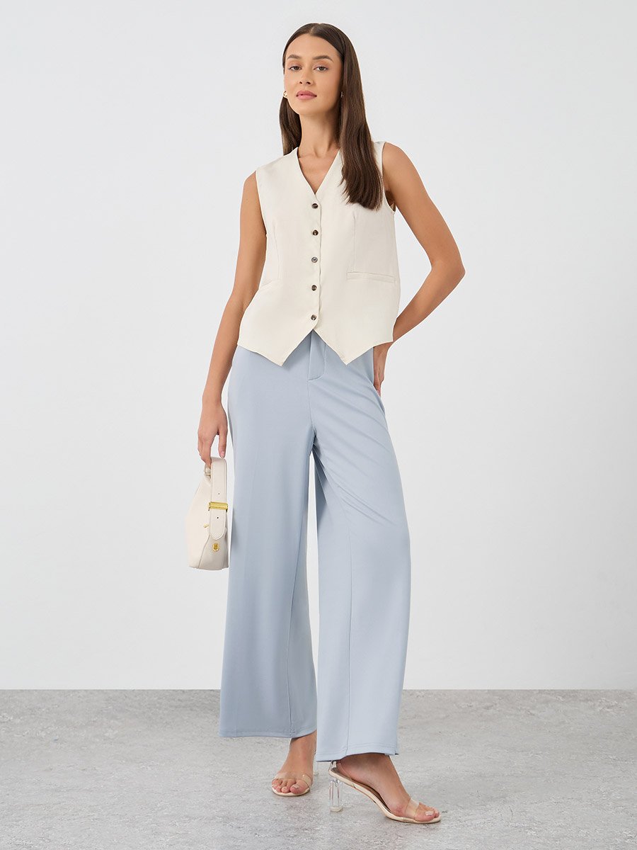 Women Grey Stretch Wide Leg Pants with Side Pockets