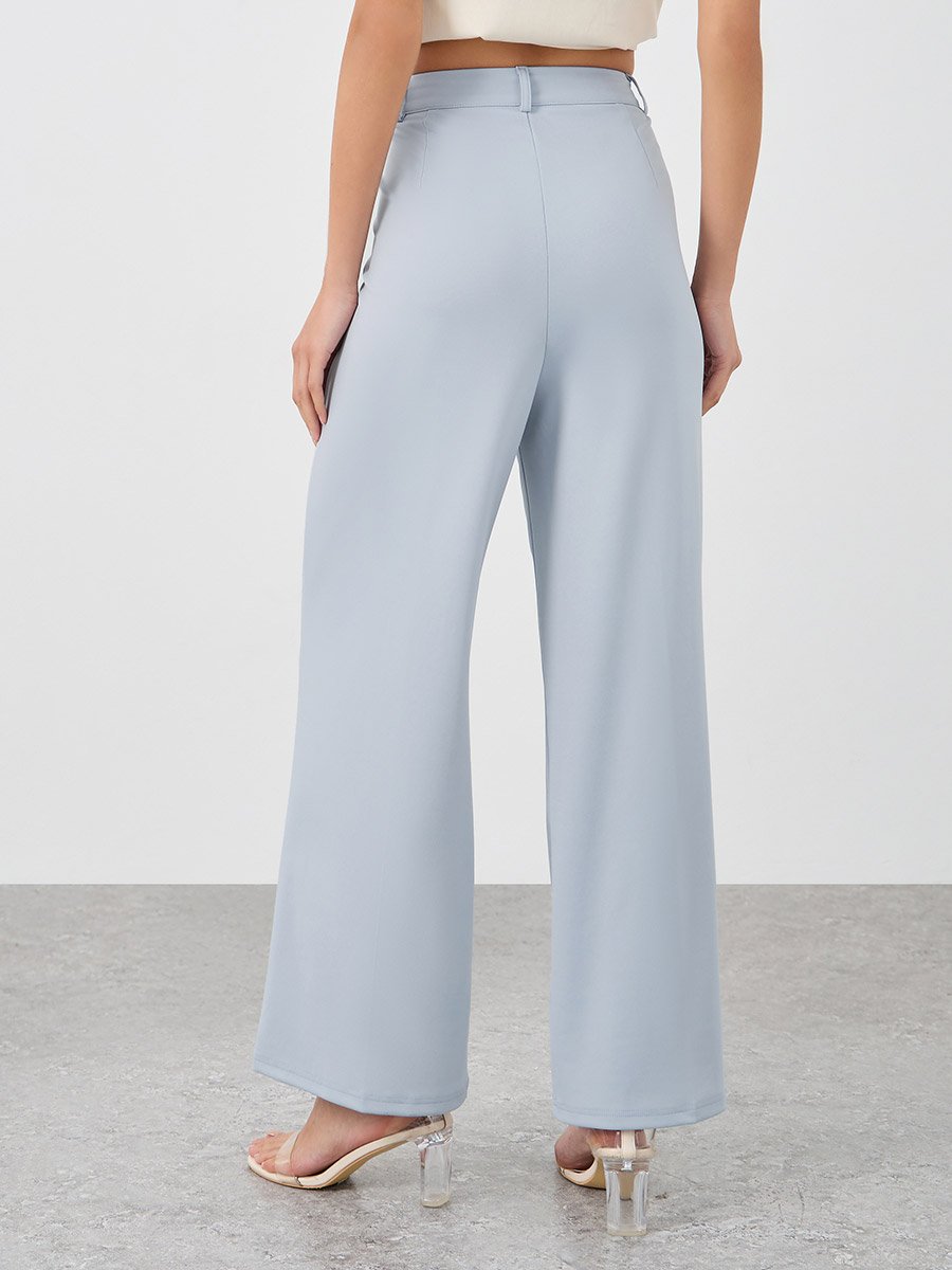 Women Grey Stretch Wide Leg Pants with Side Pockets
