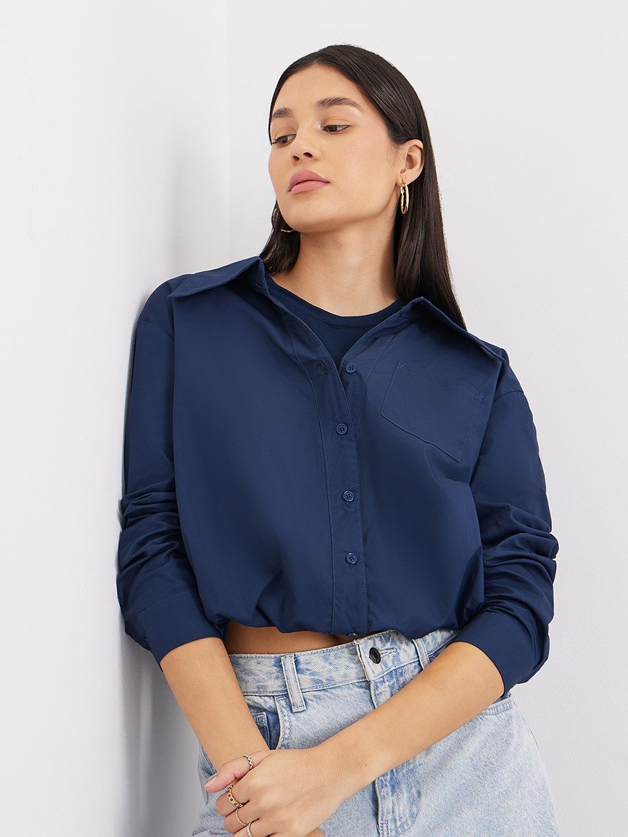 Women Navy Blue Plain Collared Shirt
