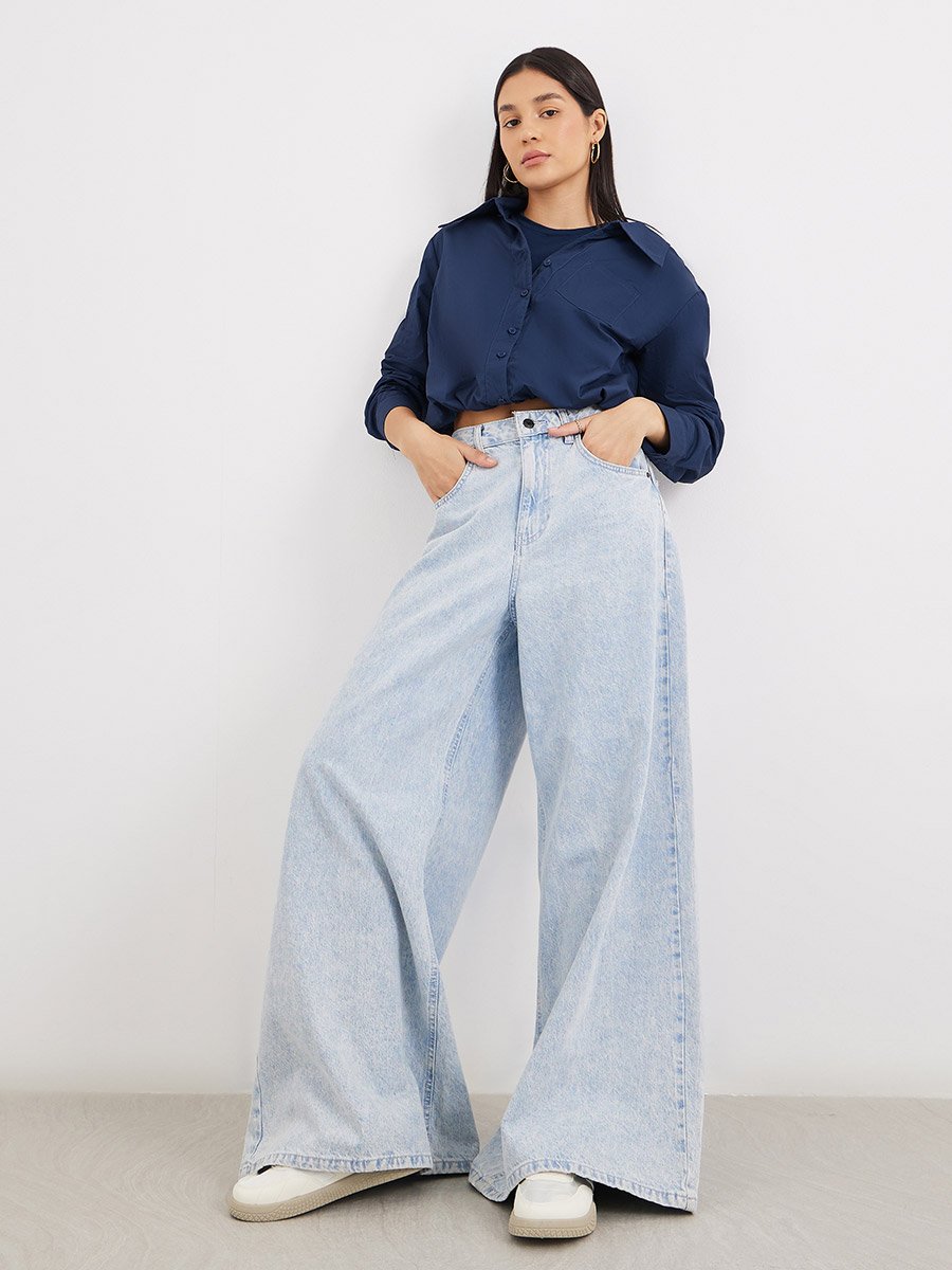 Women Navy Blue Plain Collared Shirt