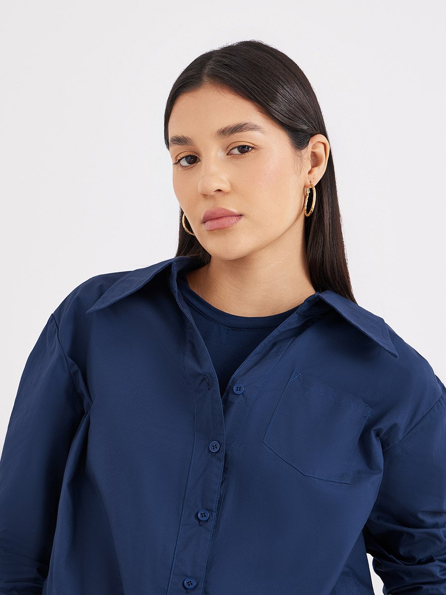 Women Navy Blue Plain Collared Shirt