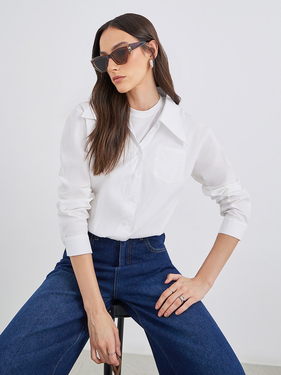 Women White Plain Collared Shirt
