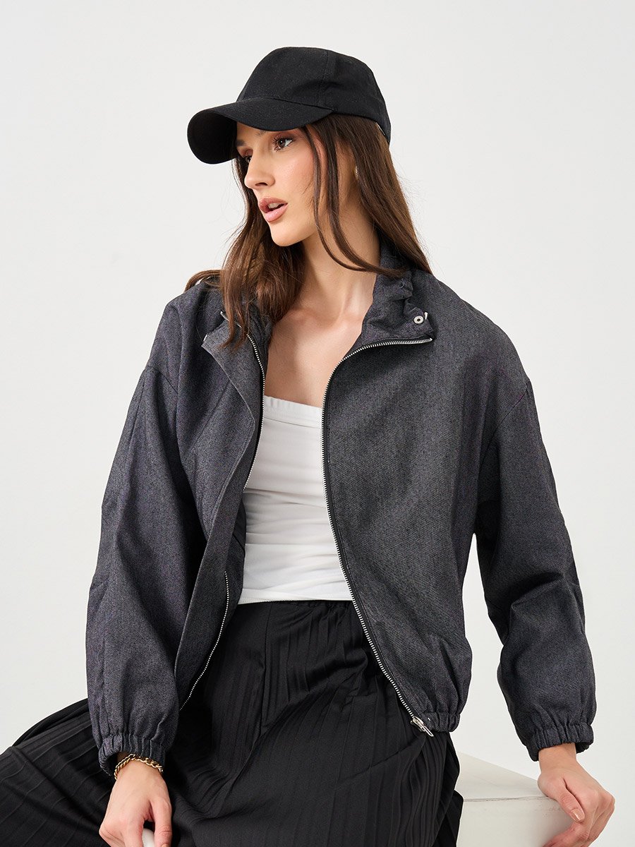 Women Black Regular Fit Denim Bomber Jacket