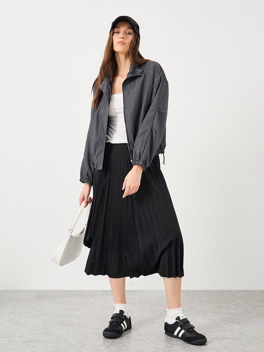 Women Black Regular Fit Denim Bomber Jacket