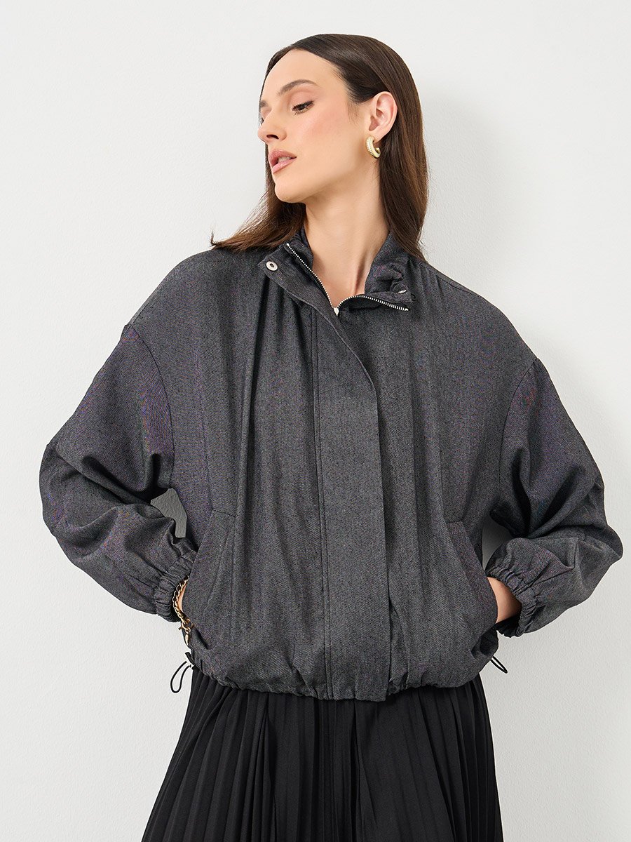 Women Black Regular Fit Denim Bomber Jacket