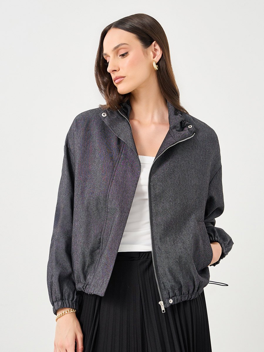 Women Black Regular Fit Denim Bomber Jacket