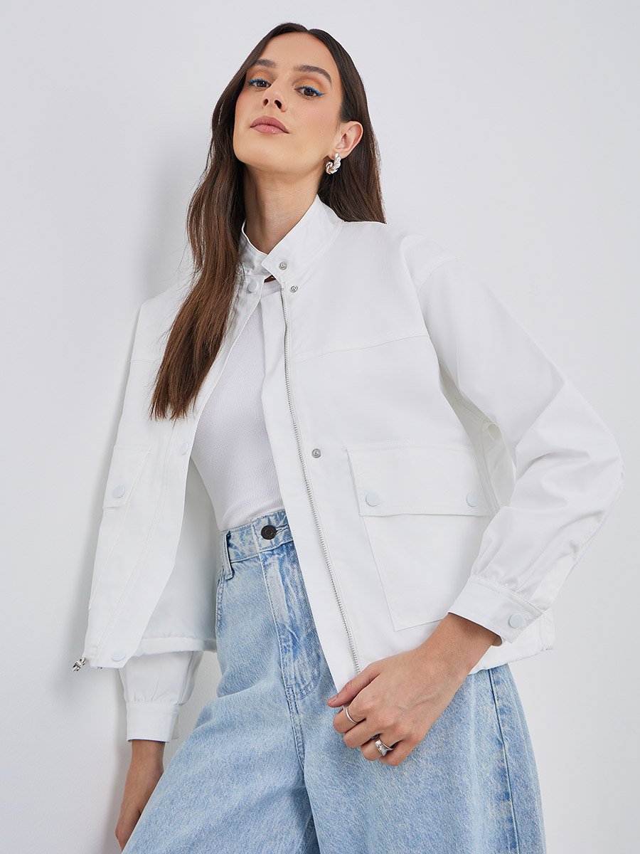 Women White Regular Fit Bomber Jacket with Pockets