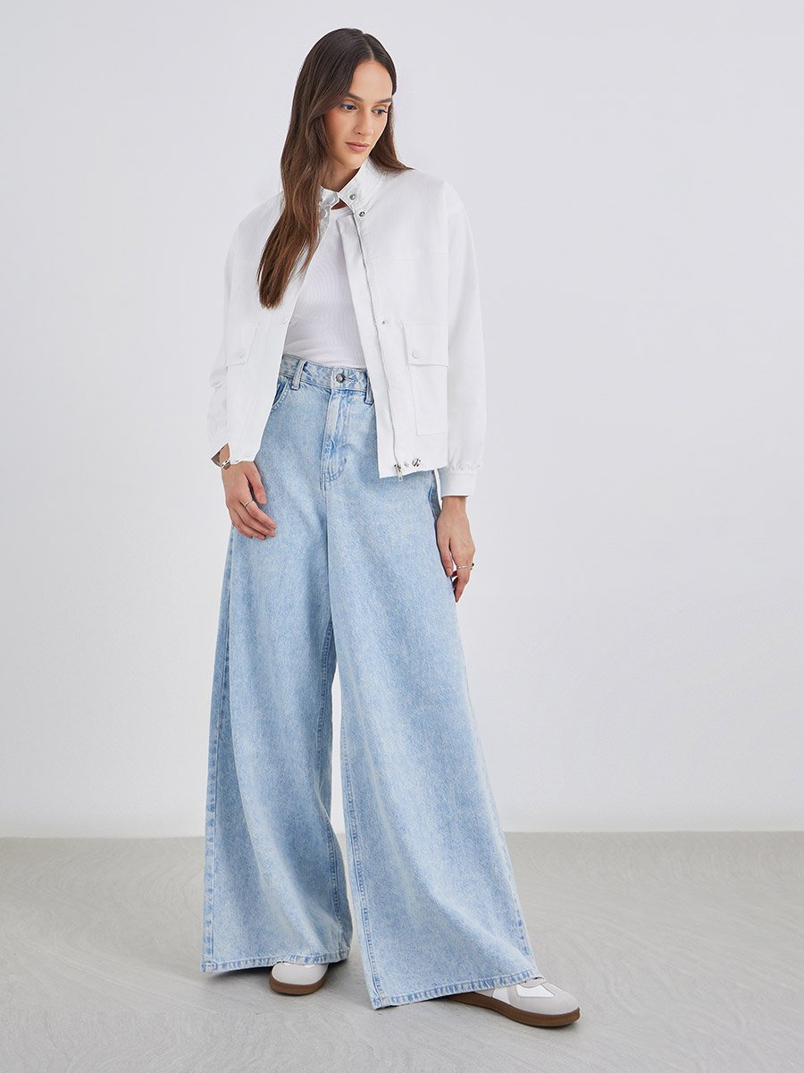 Women White Regular Fit Bomber Jacket with Pockets