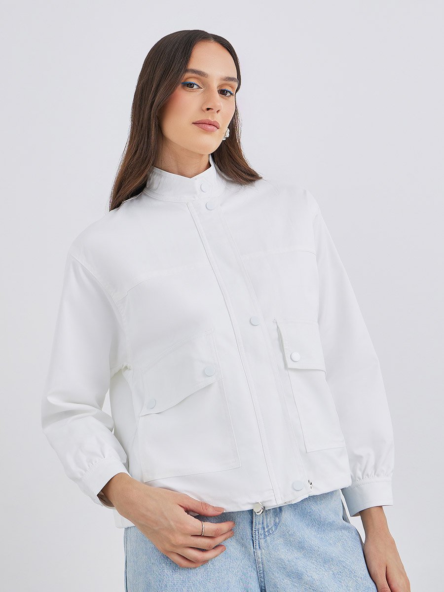 Women White Regular Fit Bomber Jacket with Pockets