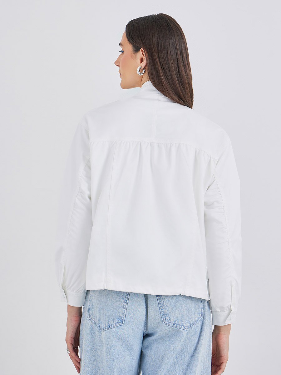 Women White Regular Fit Bomber Jacket with Pockets