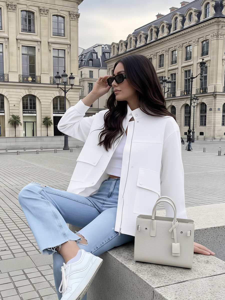 Women White Regular Fit Bomber Jacket with Pockets