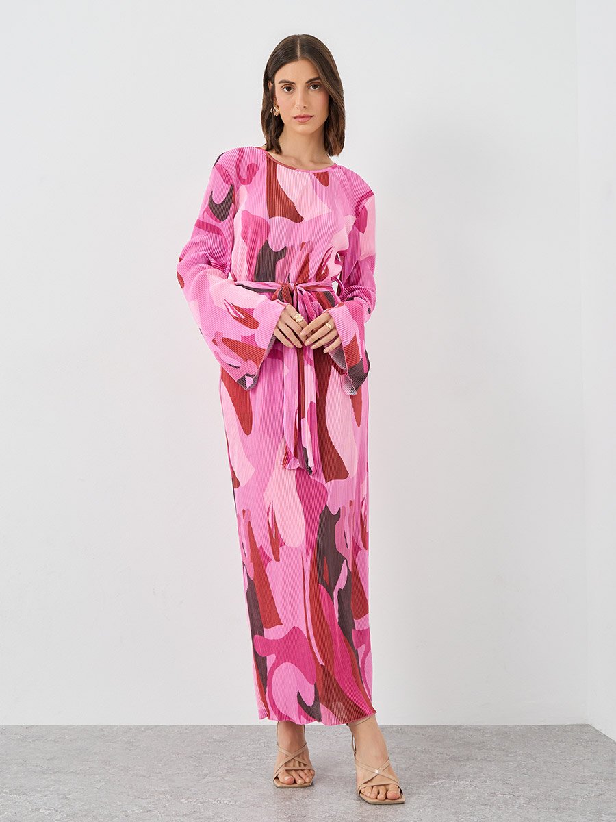 pink abstract maxi dress Pink Abstract Print Ruffled Sleeve Smocked Bust Maxi Dress Pink / M / 100%Polyester by Blue Zone Planet