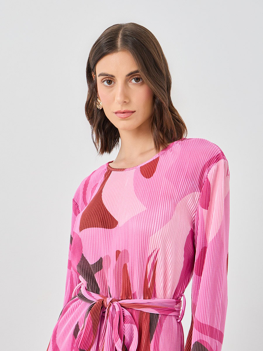 Pink Abstract Print Plisse Maxi Dress For Women at Kuwait | Styli Pink Abstract Print Plisse Maxi Dress For Women at Kuwait | Styli