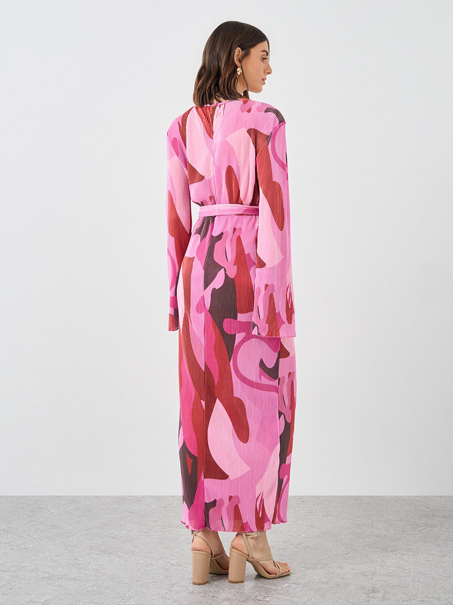 Pink Abstract Print Plisse Maxi Dress For Women at Kuwait | Styli Pink Abstract Print Plisse Maxi Dress For Women at Kuwait | Styli