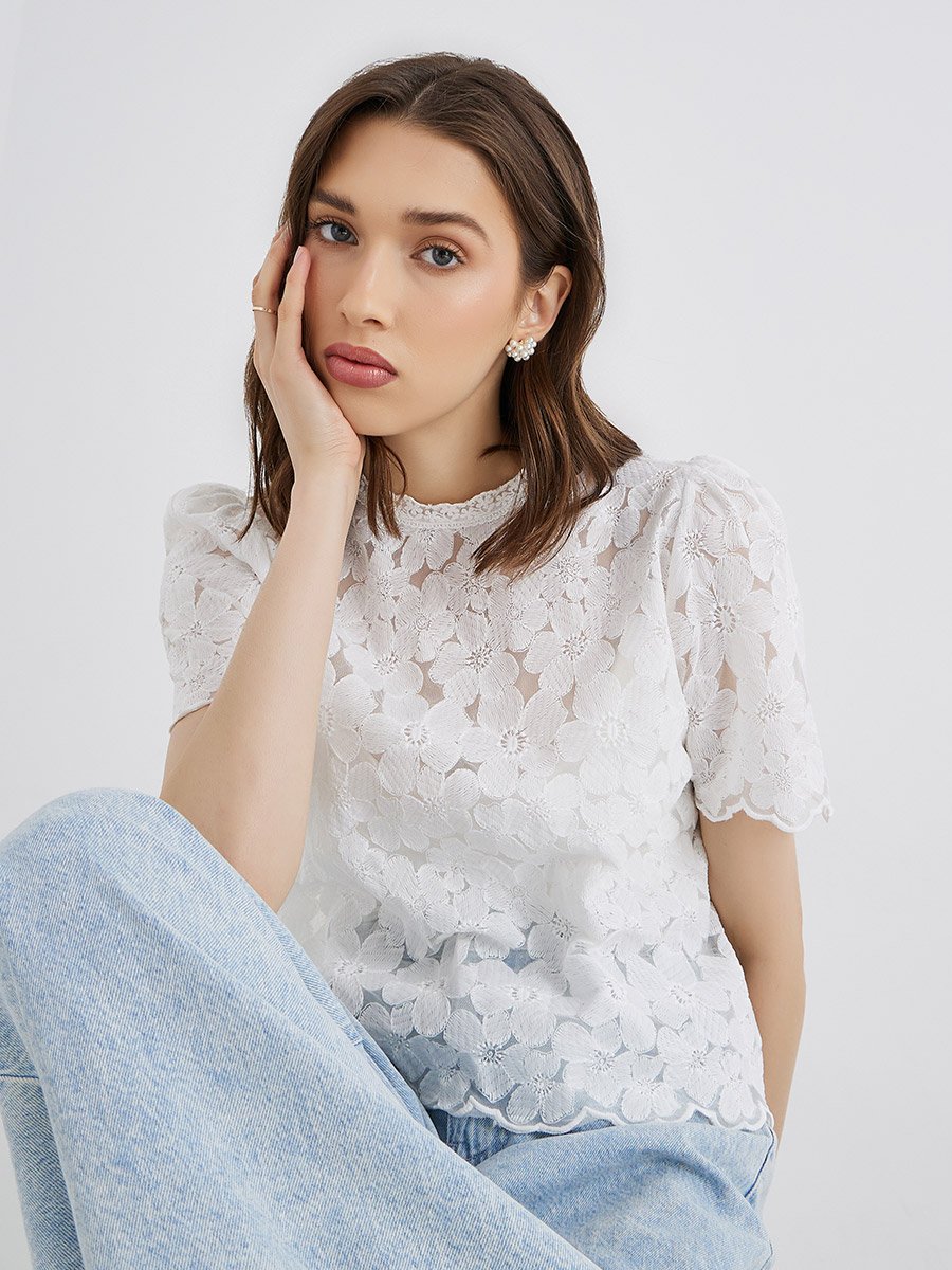 Women White Floral Embroidered Top