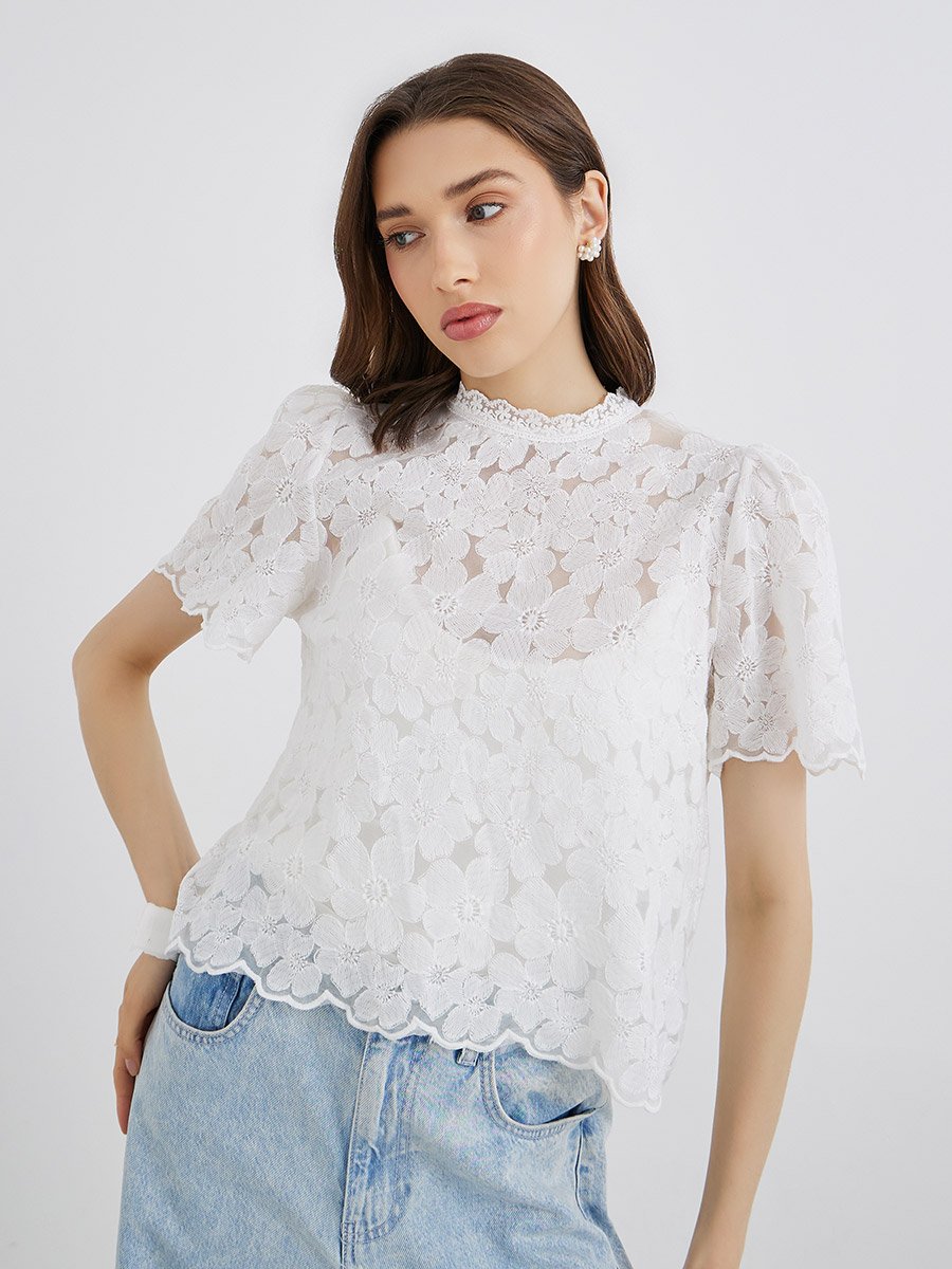 Women White Floral Embroidered Top