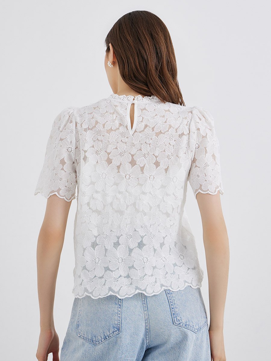 Women White Floral Embroidered Top
