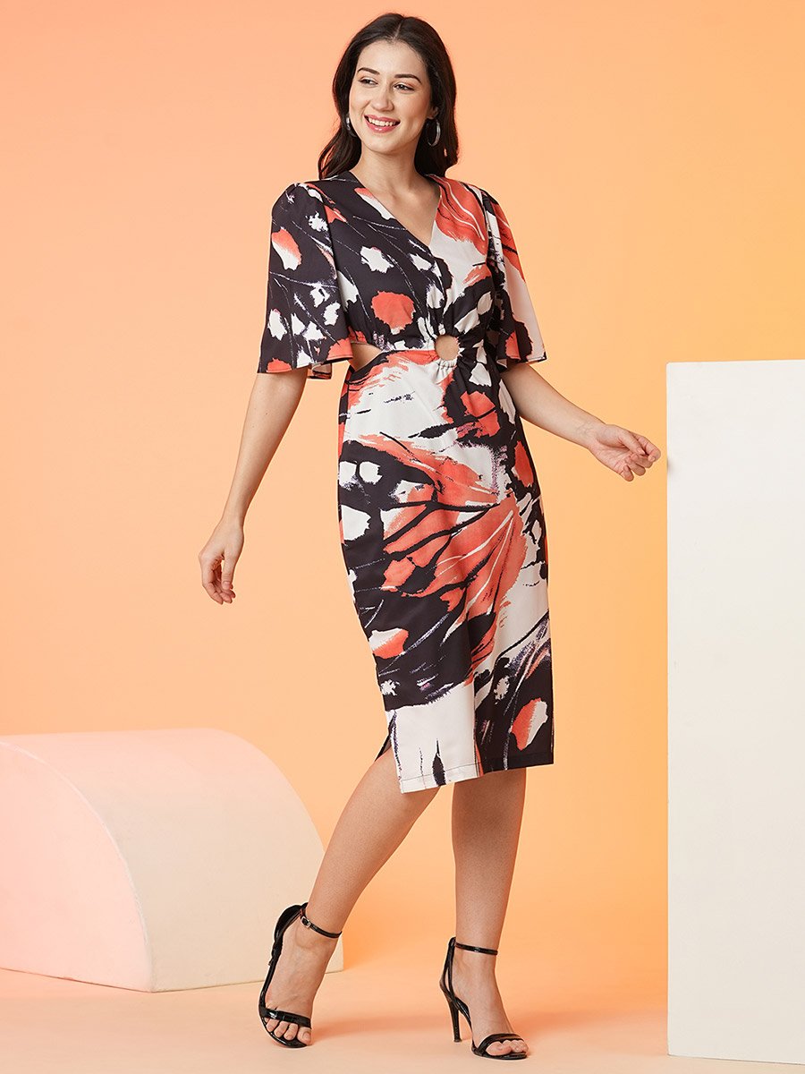 Women Abstract Print Cut Out Sheath Midi Dress