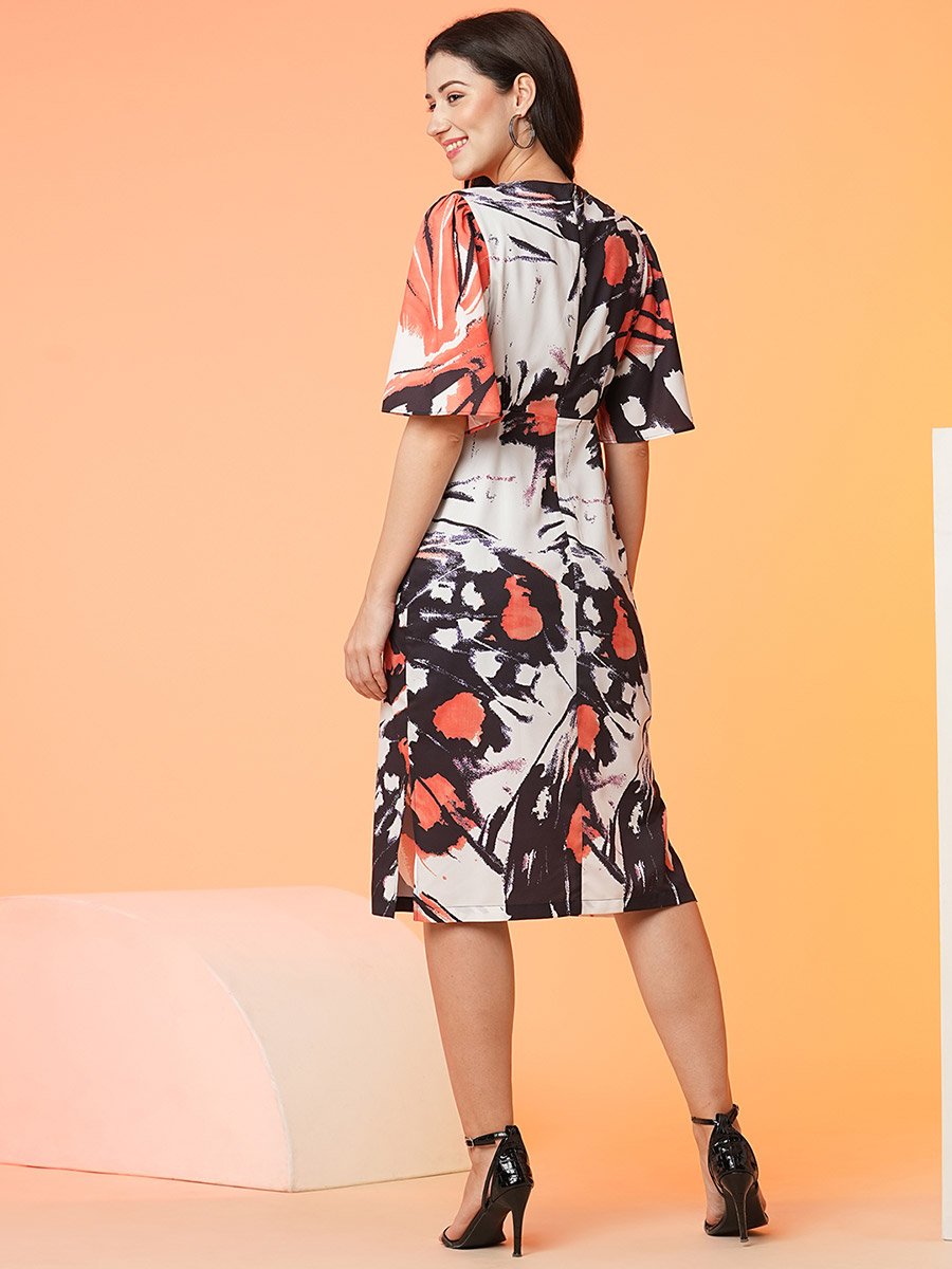 Women Abstract Print Cut Out Sheath Midi Dress