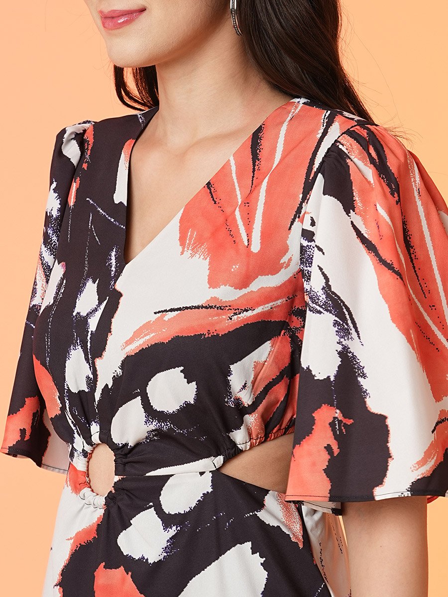 Women Abstract Print Cut Out Sheath Midi Dress