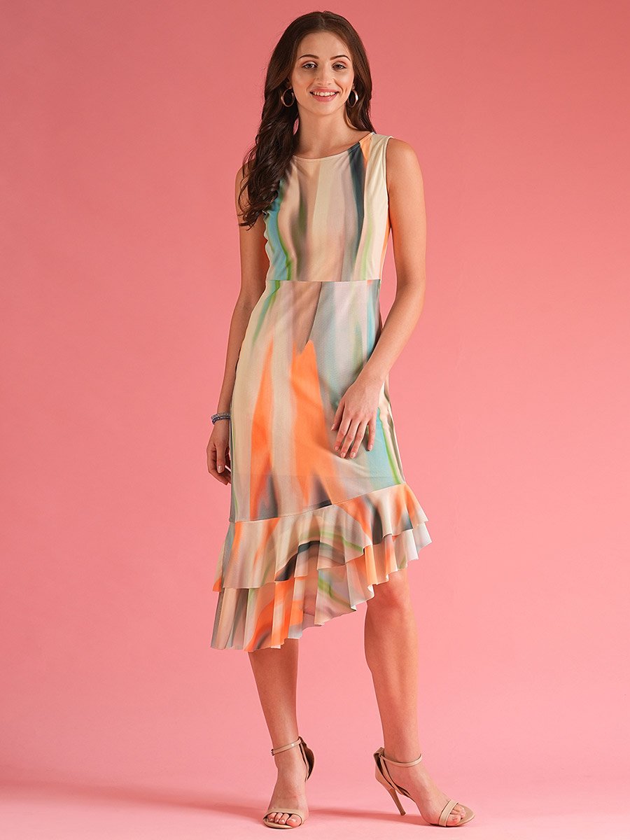 Women Abstract Print Ruffled Asymmetric Hem Sheath Midi Dress