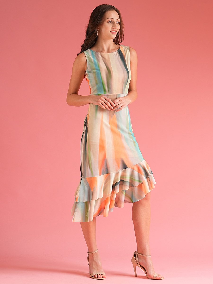 Women Abstract Print Ruffled Asymmetric Hem Sheath Midi Dress