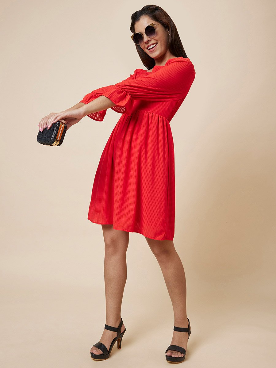 Women Red Solid Smocked Back A-Line Knee-Length Dress