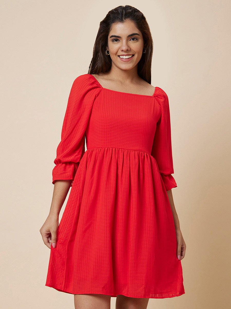 Women Red Solid Smocked Back A-Line Knee-Length Dress