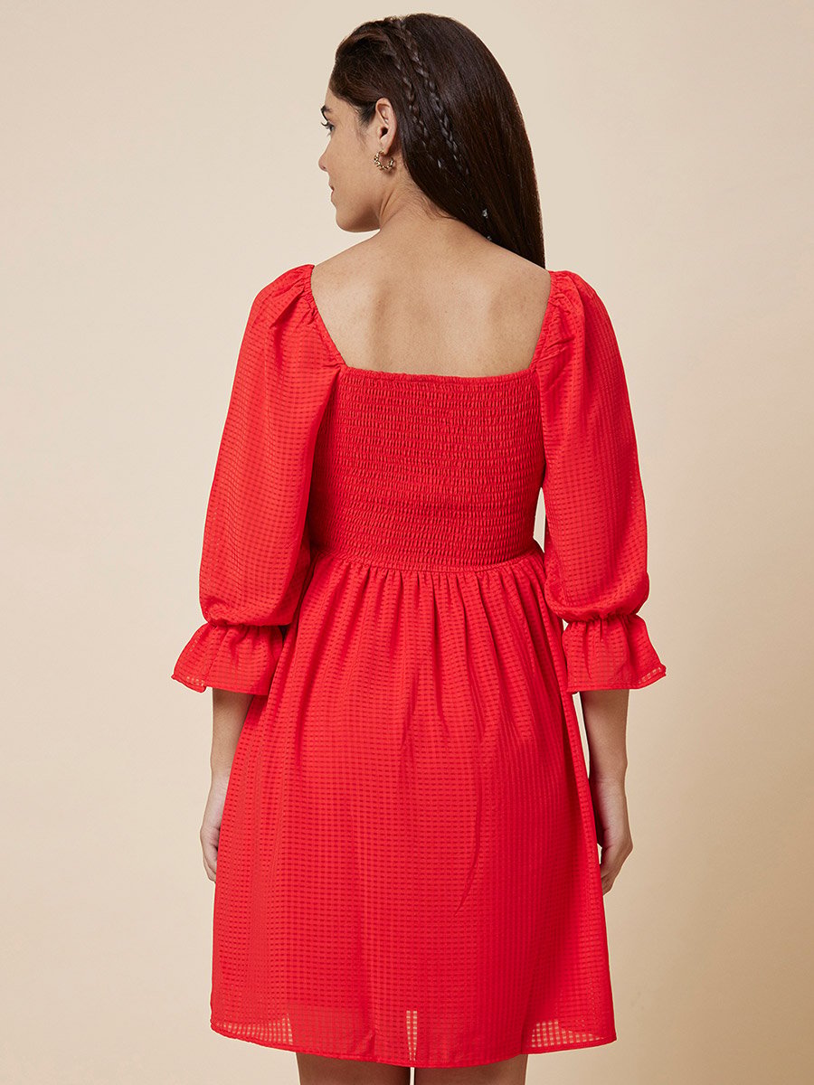 Women Red Solid Smocked Back A-Line Knee-Length Dress