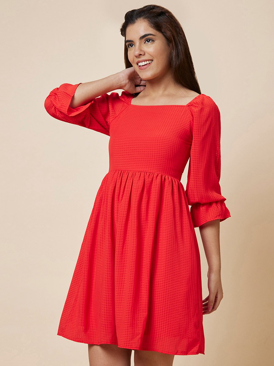 Women Red Solid Smocked Back A-Line Knee-Length Dress