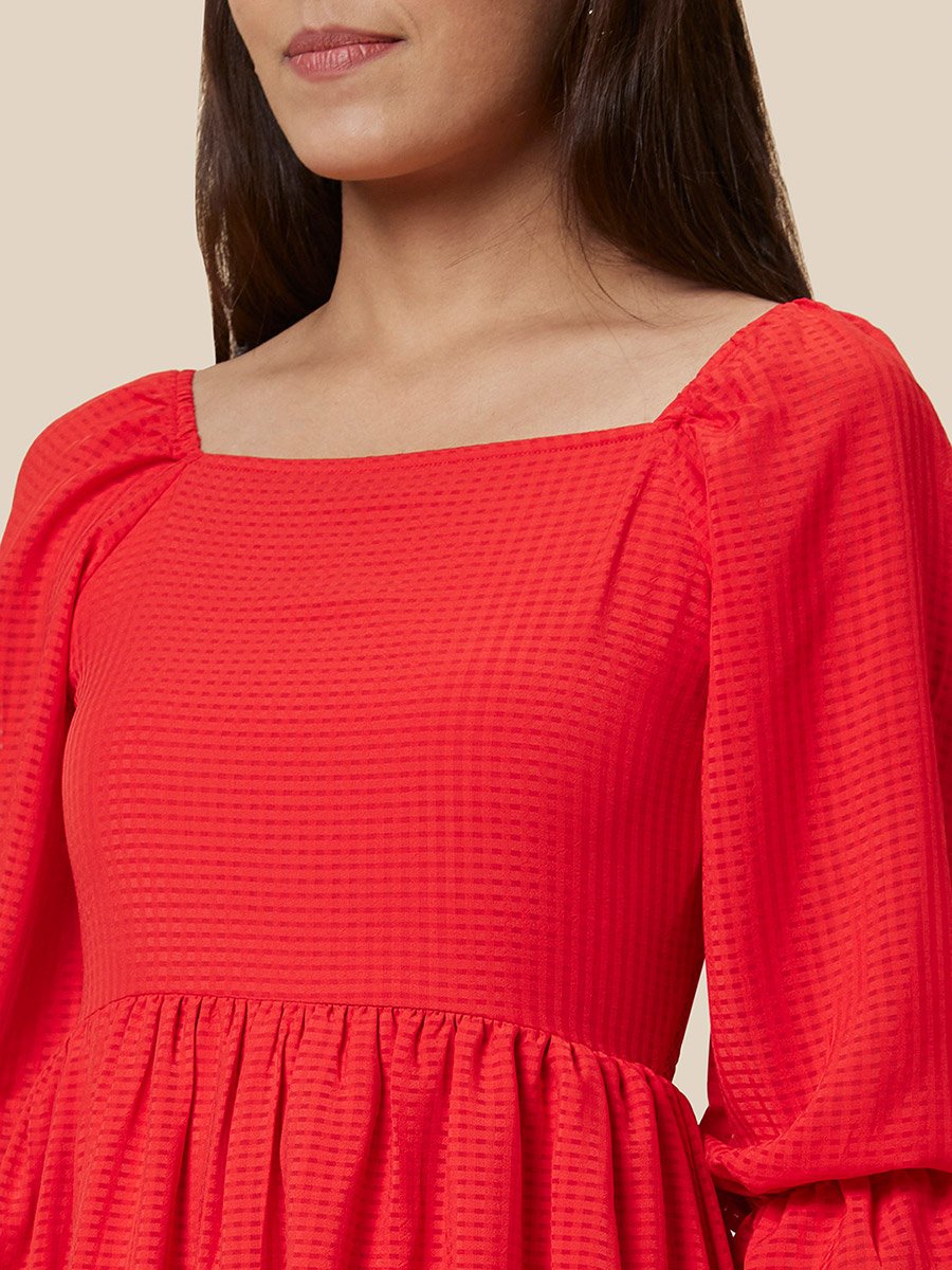 Women Red Solid Smocked Back A-Line Knee-Length Dress