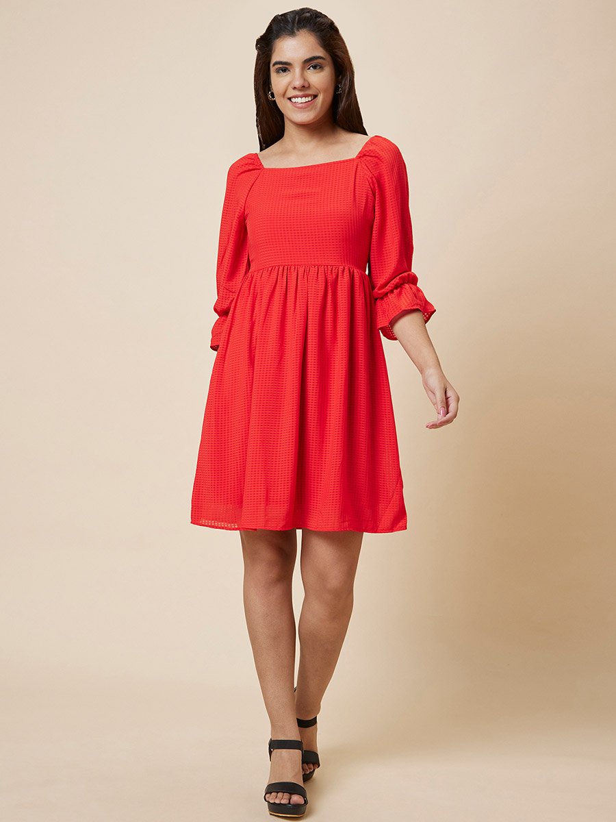 Women Red Solid Smocked Back A-Line Knee-Length Dress