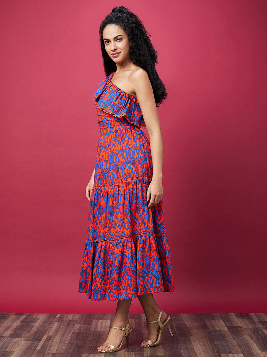 Women Tribal Print One-Shoulder A-Line Midi Dress