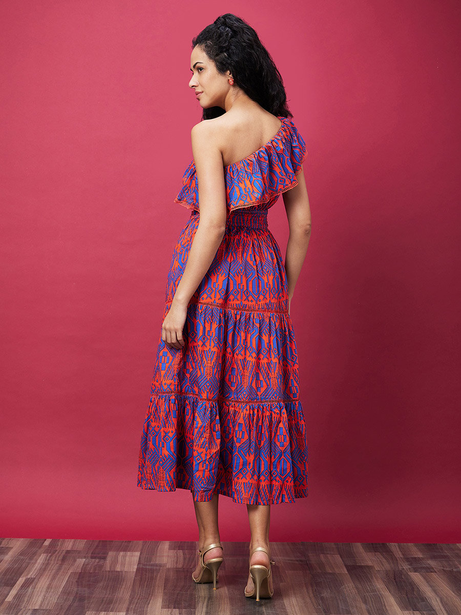Women Tribal Print One-Shoulder A-Line Midi Dress