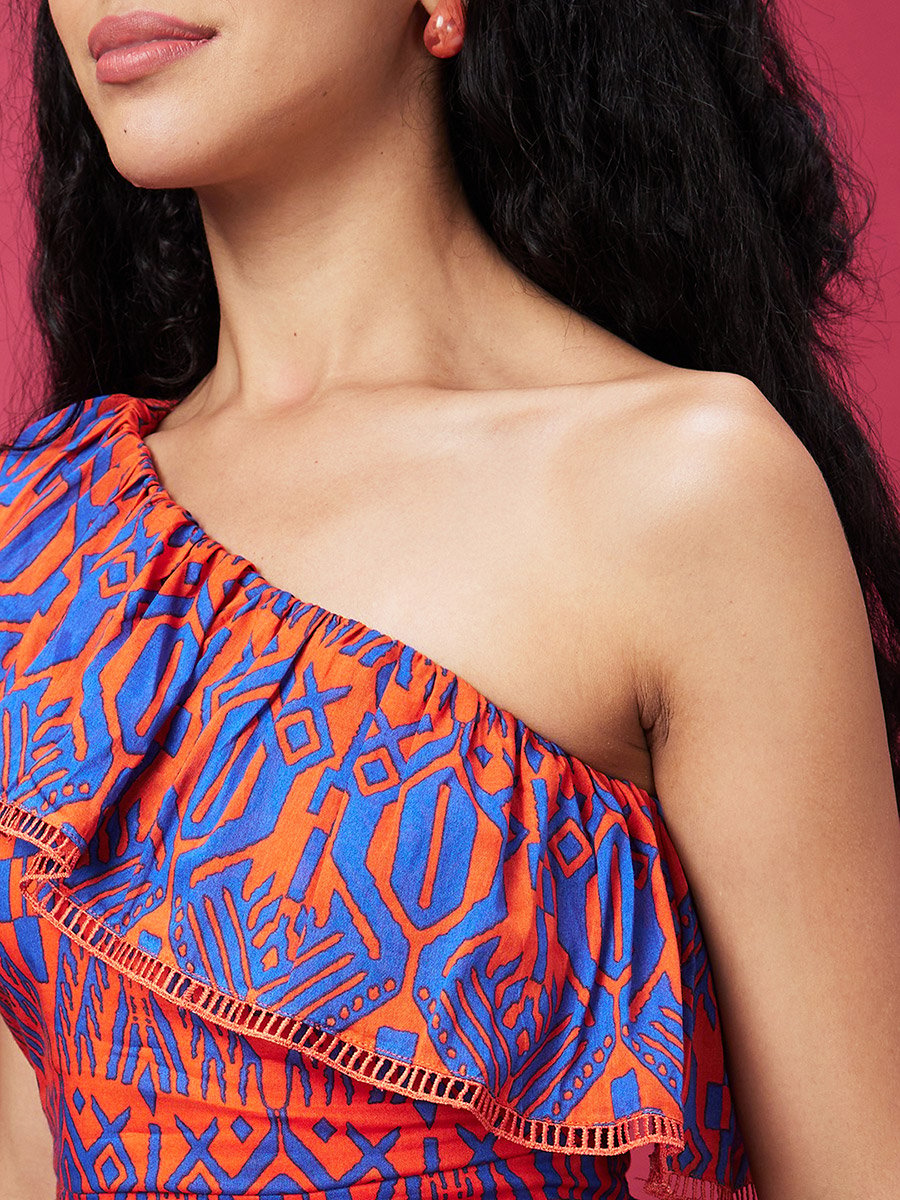Women Tribal Print One-Shoulder A-Line Midi Dress