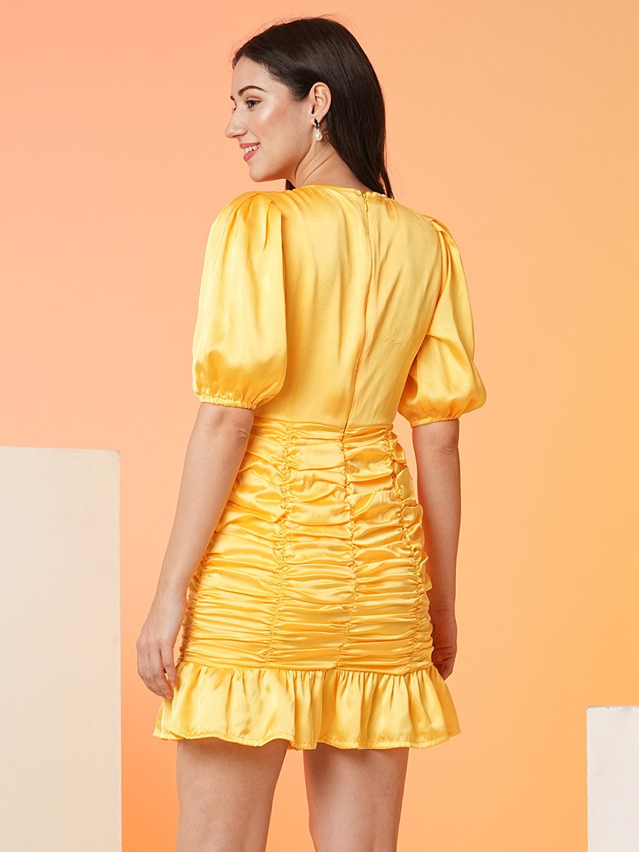 yellow silk satin ruffle mini dress AKIRA Ariana Satin Ruffled Mini Dress | Green