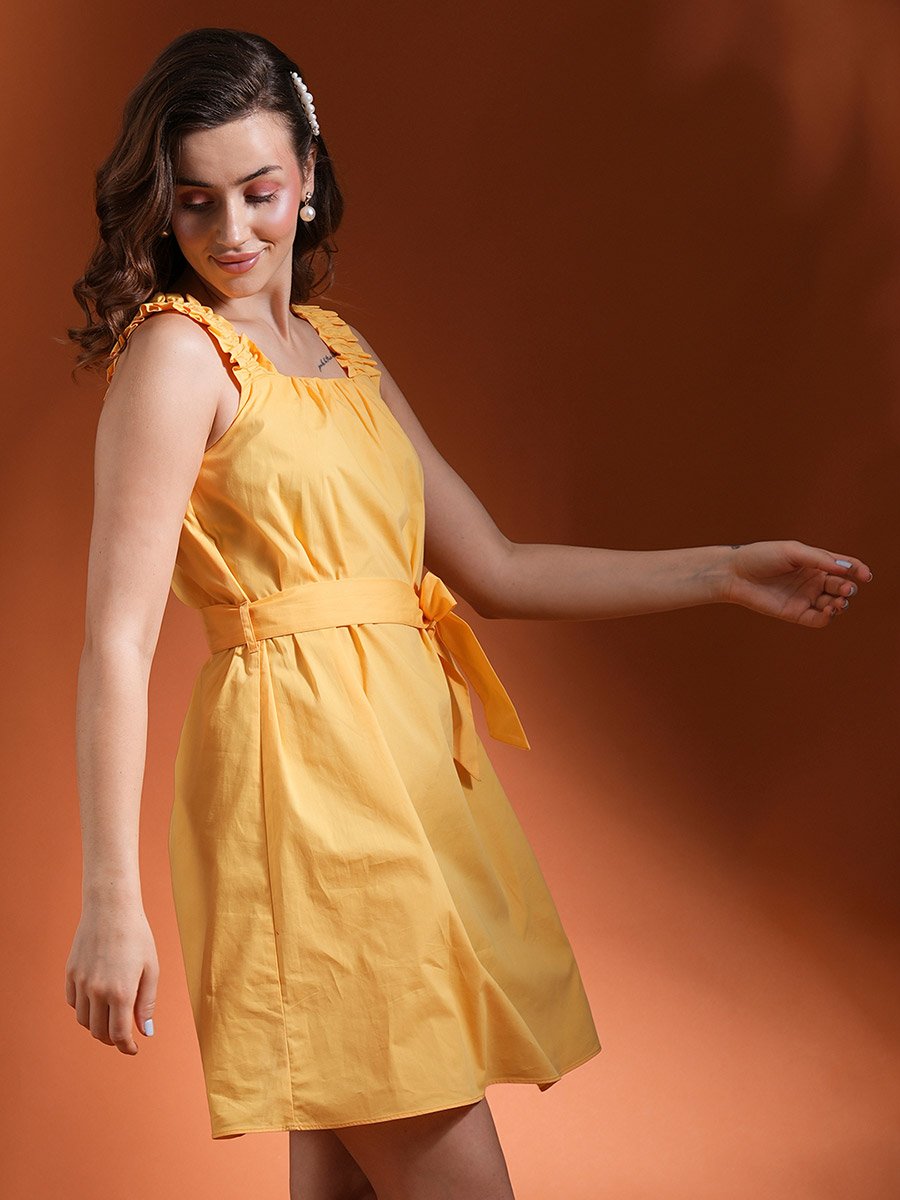 Women Yellow Solid Square Neck Belted Mini A-Line Dress with Ruched Detail  For Women at Saudi