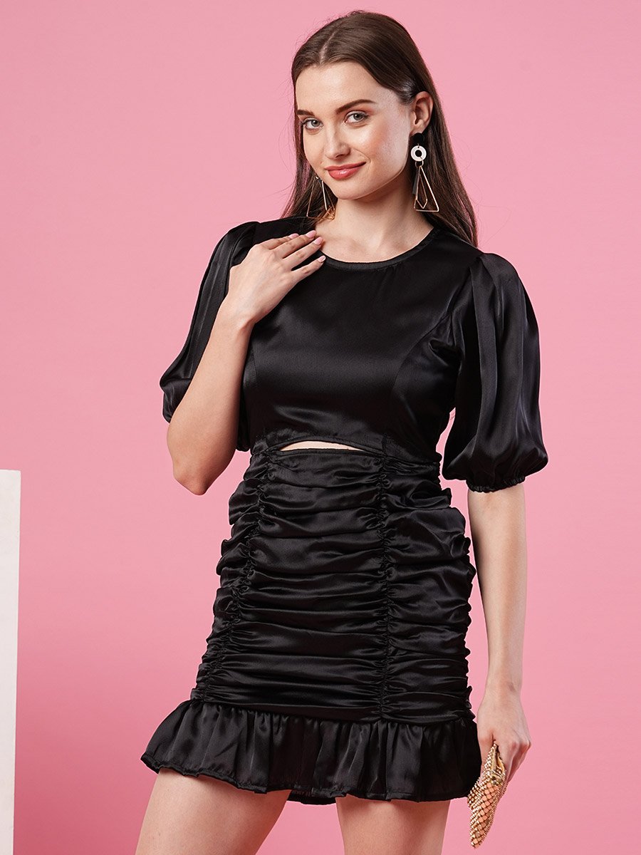 Women Black Solid Satin Puff Sleeves Ruched Sheath Mini Dress