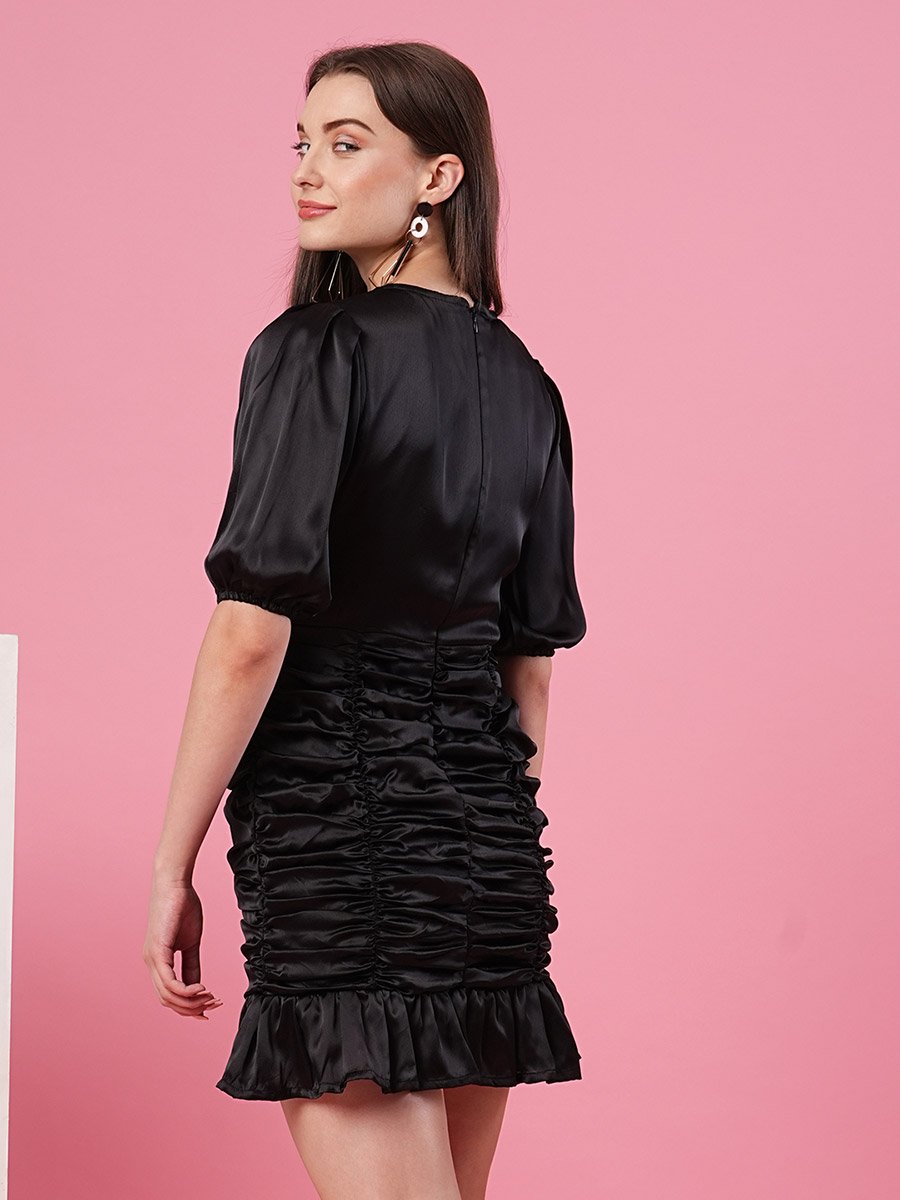 Women Black Solid Satin Puff Sleeves Ruched Sheath Mini Dress