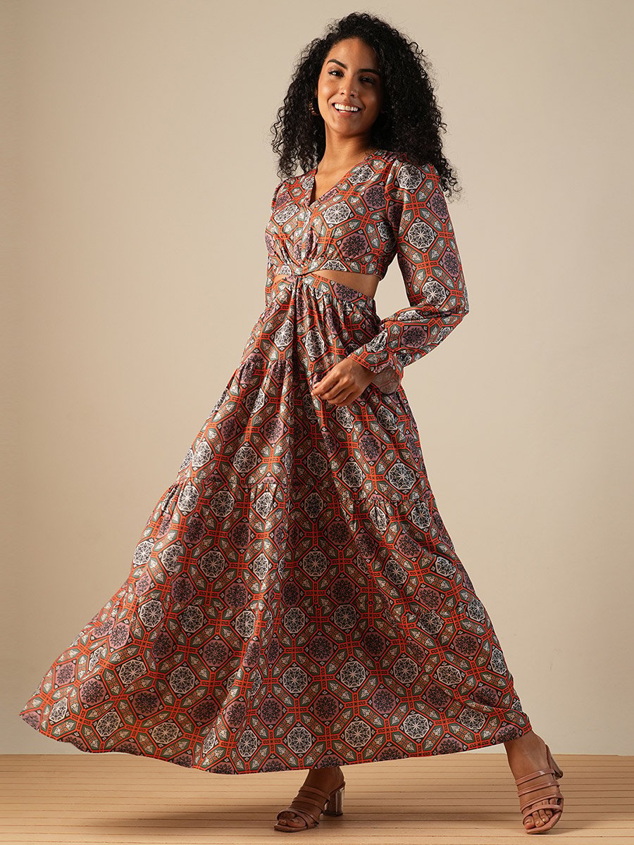 Women All-Over Print V Neck Tiered Maxi Dress with Cut Out Detail