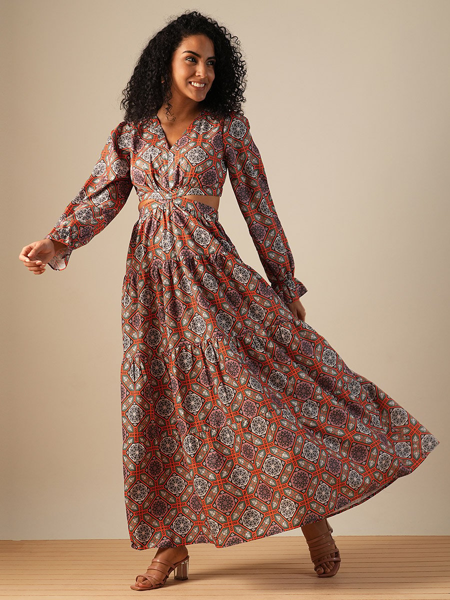 Women All-Over Print V Neck Tiered Maxi Dress with Cut Out Detail