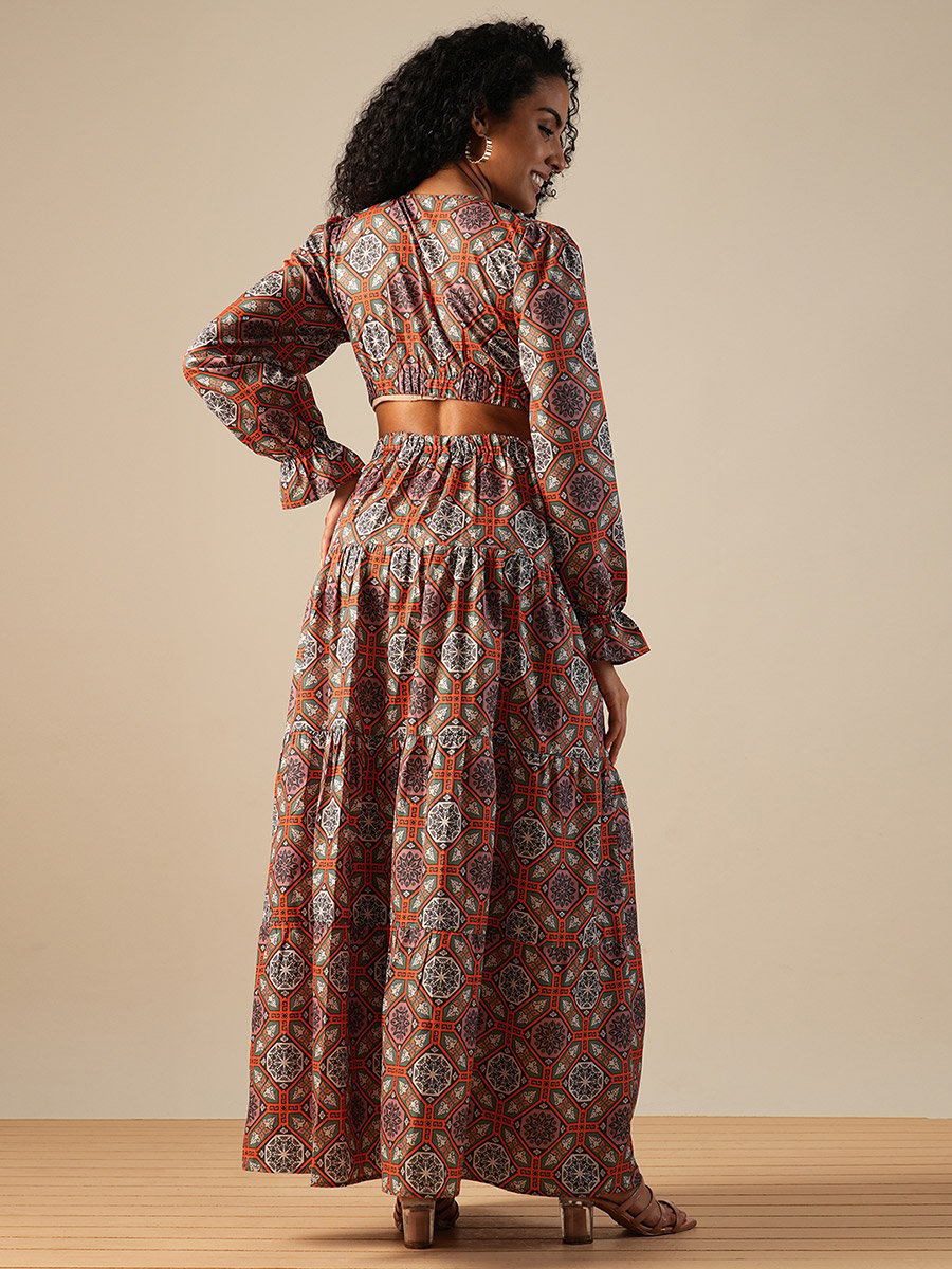 Women All-Over Print V Neck Tiered Maxi Dress with Cut Out Detail