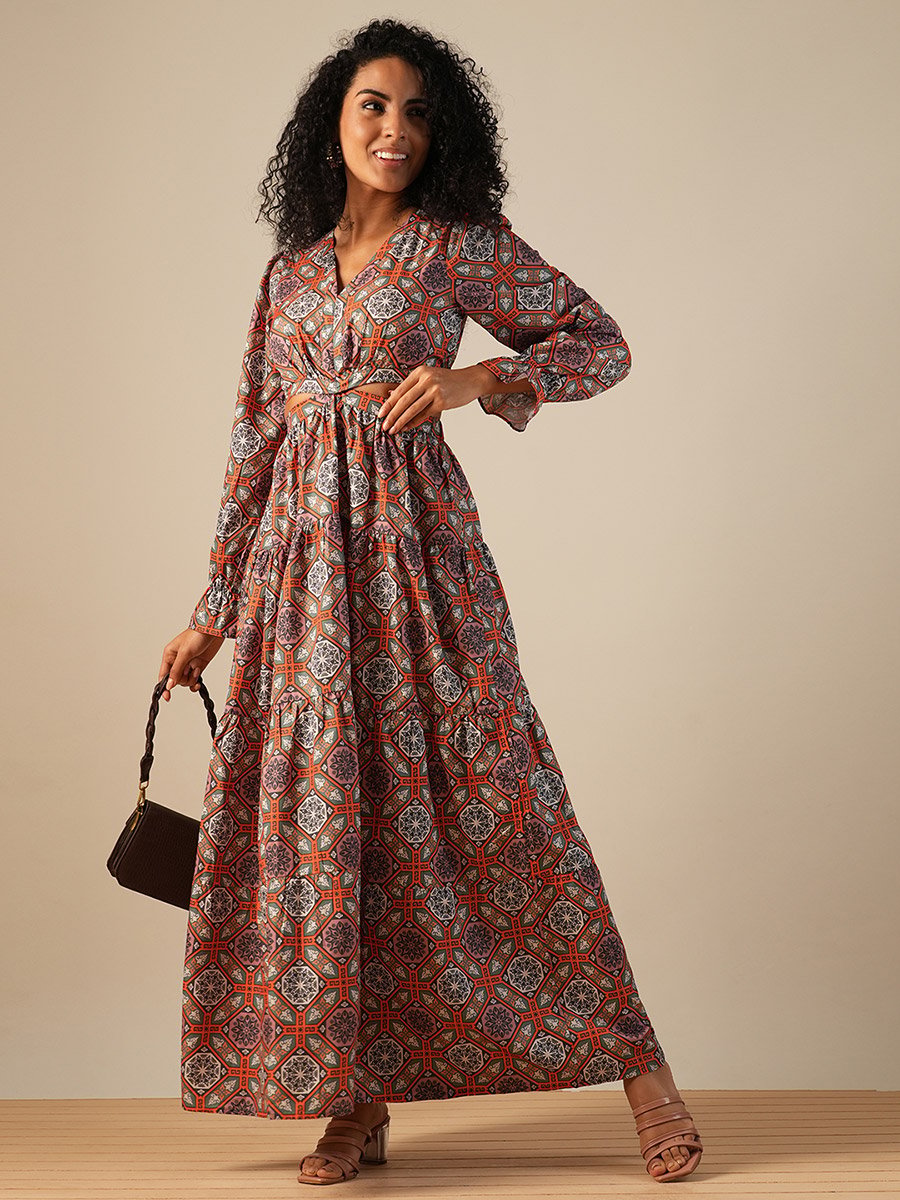 Women All-Over Print V Neck Tiered Maxi Dress with Cut Out Detail
