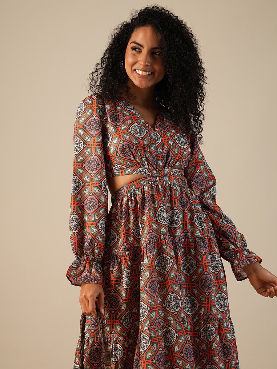 Women All-Over Print V Neck Tiered Maxi Dress with Cut Out Detail