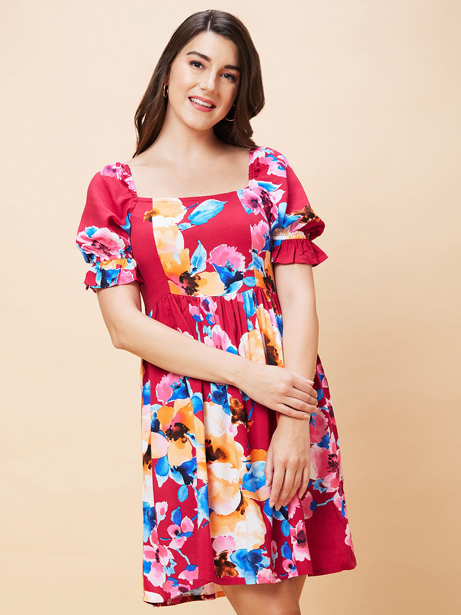 Women Floral Printed Puff Sleeves A-Line Mini Dress with Smocked Back