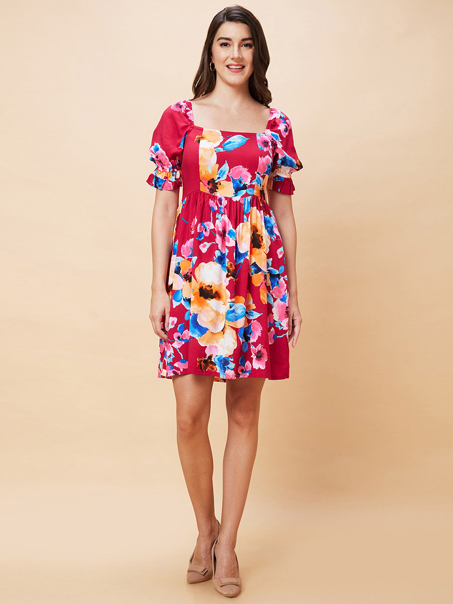 Women Floral Printed Puff Sleeves A-Line Mini Dress with Smocked Back
